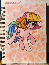 Size: 2891x3857 | Tagged: safe, artist:dariarchangel, toola-roola, earth pony, g3, g3.5, bangs, big eyes, bobcut, cute, daaaaaaaaaaaw, female, g3 to g4, g3betes, generation leap, heart, multicolored hair, multicolored mane, multicolored tail, photo, pink coat, rainbow hair, raised hoof, running, short hair, short mane, sketchbook, smiling, solo, standing on two hooves, straight hair, straight mane, tail, thick eyelashes, traditional art
