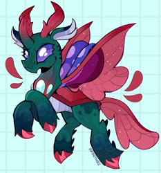 Size: 1911x2048 | Tagged: safe, artist:infinithiez, pharynx, changedling, changeling, g4, antlers, body markings, carapace, changedling wings, colored, colored belly, colored eartips, colored hooves, colored pinnae, emanata, fangs, flying, gradient horn, gray body, grid background, hooves, horn, long ears, male, narrowed eyes, pale belly, patterned background, prince pharynx, purple eyes, red hooves, red tail, shiny hooves, signature, smiling, solo, sparkly tail, sparkly wings, spikes, spread wings, tail, unshorn fetlocks, wings