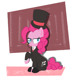 Size: 900x958 | Tagged: safe, artist:partymare, pinkie pie, earth pony, pony, g4, suited for success, clothes, fancy, female, hat, mare, monocle, necktie, ponk, shoes, sitting, solo, suit, top hat