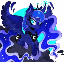 Size: 2048x1932 | Tagged: safe, artist:infinithiez, princess luna, alicorn, pony, g4, alternate design, big ears, big eyes, blaze (coat marking), blue coat, blue eyes, blue magic, blue mane, blue tail, cheek fluff, chest fluff, circle background, cloud, coat markings, colored ear fluff, colored eartips, colored wings, colored wingtips, crown, curved horn, cute, ear fluff, ear piercing, ear tufts, earring, ethereal mane, ethereal tail, eyeshadow, facial markings, feather, female, flowing mane, flowing tail, glowing, glowing eyes, glowing horn, gradient horn, hoof shoes, horn, jewelry, lidded eyes, looking back, lunabetes, lying down, magic, makeup, mare, multicolored wings, on a cloud, passepartout, peytral, piercing, princess shoes, prone, purple eyeshadow, regalia, shiny eyes, simple background, sitting, sitting on a cloud, smiling, socks (coat markings), solo, sparkly mane, sparkly tail, spread wings, starry mane, starry tail, tail, thick eyelashes, tiara, two toned mane, two toned tail, unicorn horn, wavy mane, wavy tail, white background, wing fluff, wingding eyes, wings