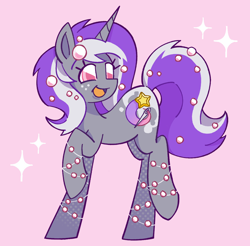 Size: 1238x1219 | Tagged: safe, artist:shrimpnurse, oc, oc only, oc:silver seams, pony, unicorn, beads, colored pinnae, colored pupils, commission, eyelashes, female, freckles, gray coat, hair accessory, horn, jewelry, long legs, long mane, long tail, looking back, mane accessory, mare, open mouth, open smile, pearl, pink background, pink eyes, pink pupils, purple mane, purple tail, raised hoof, raised leg, shiny eyes, simple background, smiling, solo, sparkles, standing, tail, tongue out, two toned mane, two toned tail, unicorn horn, unicorn oc