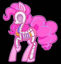 Size: 1032x1089 | Tagged: safe, artist:shrimpnurse, pinkie pie, earth pony, pony, g4, big tail, black background, bone, curly mane, curly tail, dissectibles, esophagus, female, grimcute, long legs, mare, organs, outline, pink mane, pink tail, profile, raised hoof, ribcage, simple background, skeleton, skull, solo, standing, tail