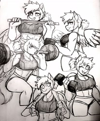 Size: 1996x2414 | Tagged: safe, artist:anastienivna, oc, oc:rocksy amber, pegasus, anthro, abs, big breasts, breasts, clothes, exercise, female, midriff, muscles, muscular female, sports bra, traditional art, weight lifting, weights