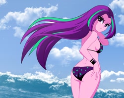 Size: 1200x948 | Tagged: safe, artist:rosemile mulberry, aria blaze, equestria girls, g4, arse-ia blaze, bikini, bracelet, butt, clothes, cloud, disguise, disguised siren, female, jewelry, loose hair, ocean, sexy, solo, star printed swimsuit, stupid sexy aria blaze, swimsuit, water, windswept hair