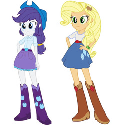 Size: 545x600 | Tagged: safe, applejack, rarity, equestria girls, g4, belt, boots, clothes, clothes swap, cowboy hat, duo, duo female, female, hat, high heel boots, palette swap, recolor, shirt, shoes, simple background, skirt, white background