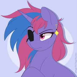 Size: 1000x998 | Tagged: safe, artist:higglytownhero, oc, oc only, pony, unicorn, anonymous commissioner, bust, circle background, commission, ear piercing, earring, eyebrows, eyebrows visible through hair, eyelashes, eyepatch, freckles, horn, jewelry, narrowed eyes, piercing, pink eyes, portrait, purple background, purple coat, raised eyebrow, signature, simple background, solo, two toned mane, unicorn horn, unicorn oc