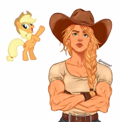 Size: 1589x1600 | Tagged: safe, artist:mariekart, applejack, earth pony, human, pony, g4, alternate hairstyle, applejack's hat, applejacked, belt, bipedal, clothes, cowboy hat, crossed arms, denim, duality, female, freckles, gloves, hat, humanized, jeans, mare, muscles, muscular female, palindrome get, pants, shirt, simple background, solo, t-shirt, white background