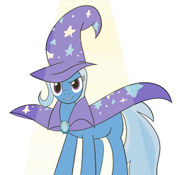 Size: 2686x2666 | Tagged: safe, artist:frownfactory, trixie, pony, unicorn, g4, atg 2024, cape, clothes, confident, grin, hat, horn, newbie artist training grounds, simple background, smiling, solo, spotlight, transparent background, trixie's cape, trixie's hat