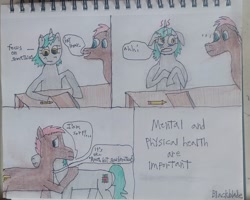 Size: 3252x2604 | Tagged: safe, artist:blackblade360, oc, oc only, oc:heartbeat, oc:stone wave, earth pony, pony, unicorn, 2024, 4 panel comic, advice, atg 2024, blue eyes, brown coat, colored pencil drawing, comic, couple, crying, cyan coat, cyan tail, duo, duo male and female, earth pony oc, eyelashes, female, floppy ears, glowing, glowing horn, gray coat, heavy breathing, horn, irl, journal, male, mare, mare oc, newbie artist training grounds, oc x oc, paper, pencil drawing, photo, red mane, red tail, scared, shipping, shrunken pupils, signature, speech bubble, stallion, stallion oc, support, table, tail, traditional art, unicorn oc, yellow eyes