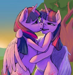 Size: 1866x1915 | Tagged: safe, artist:dana_amurka, twilight sparkle, alicorn, pony, g4, boop, duo, duo female, female, horn, kissing, lesbian, mare, nose wrinkle, noseboop, outdoors, self paradox, self ponidox, selfcest, ship:twitwi, shipping, smiling, tree, twilight sparkle (alicorn), wings