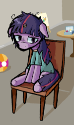 Size: 824x1379 | Tagged: safe, artist:lemomew, twilight sparkle, caterpillar, pony, unicorn, fanfic:muffins, g4, asylum, ball, bandage, battleship, broken horn, canvas, chair, clothes, fanfic art, floppy ears, horn, mentally ill twilight, messy mane, painting, sitting, solo, spoilers for another series, table, unicorn twilight