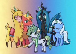 Size: 1789x1276 | Tagged: safe, artist:lemomew, big macintosh, paprika (tfh), queen chrysalis, trixie, oc, oc:bassy hooves, alpaca, changeling, earth pony, pony, unicorn, them's fightin' herds, g4, :3, :d, :p, birthday gift, bow, carpet, clothes, community related, freckles, gradient background, hat, horn, long tongue, looking at you, open mouth, open smile, party hat, scarf, smiling, tongue out, trans big macintosh, transgender