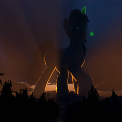 Size: 9600x9600 | Tagged: safe, artist:derp621, oc, oc only, oc:littlepip, pony, unicorn, fallout equestria, 3d, absurd resolution, artificial alicorn, blender, blender cycles, boxcar, cloud, cloudy, crepuscular rays, giant pony, giant unicorn, glowing, glowing horn, green alicorn (fo:e), horn, macro, magic, purple alicorn (fo:e), sunrise, telekinesis, wasteland