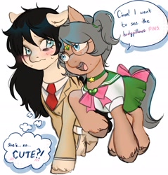 Size: 1844x1925 | Tagged: safe, artist:fleuranonette, oc, oc only, oc:floor bored, oc:taku, earth pony, bags under eyes, blushing, clothes, cosplay, costume, cute, duo, duo female, earth pony oc, female, glasses, implied lesbian, messy mane, sailor jupiter, sailor moon (series), sailor uniform, simple background, skirt, sweat, sweating profusely, tomoko kuroki, uniform, watamote, white background, wlw