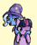 Size: 662x785 | Tagged: safe, artist:lemomew, trixie, twilight sparkle, pony, unicorn, g4, :3, :d, beige background, blushing, cape, clothes, duo, duo female, female, hat, horn, hug, hug from behind, lesbian, lidded eyes, nuzzling, open mouth, open smile, ship:twixie, shipping, simple background, smiling, smug, trixie's cape, trixie's hat, unicorn twilight