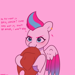 Size: 2480x2480 | Tagged: safe, artist:starburstuwu, zipp storm, pegasus, pony, g5, >:), adorazipp, blushing, colored wings, cowboy hat, cute, ear piercing, earring, eyebrows, female, gradient wings, hat, high res, implied hitch trailblazer, jewelry, mare, piercing, pink background, signature, simple background, smiling, solo, wings