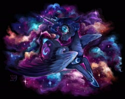 Size: 2048x1614 | Tagged: safe, artist:chrymind, nightmare moon, princess luna, alicorn, pony, g4, cloud, crying, ears back, female, hoof shoes, lying down, lying on a cloud, mare, on a cloud, signature, solo, stars, unusual pupils, wings