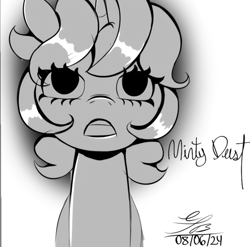 Size: 2708x2672 | Tagged: safe, artist:ch0c0sauri0, oc, oc only, earth pony, unicorn, album cover, black and white, bow, bust, clothes, doodle, eyelashes, eyeshadow, grayscale, hair bow, horn, lineart, looking up, makeup, minimalist, monochrome, open mouth, original art, original character do not steal, portrait, simple background, sketch, smiling, solo, song reference, suit, unicorn horn, unicorn oc, wip