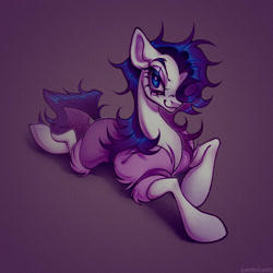 Size: 1128x1128 | Tagged: safe, artist:emobricosss, rarity, pony, unicorn, g4, clothes, elusive, horn, lying down, male, missing horn, purple background, robe, rule 63, simple background, solo, stallion