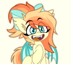 Size: 1318x1188 | Tagged: safe, artist:nekro-led, oc, oc only, oc:sunshine drift, bat pony, pony, bat eyes, bat pony oc, bow, ear fluff, eye clipping through hair, eyebrows, eyebrows visible through hair, fangs, female, hair bow, mare, open mouth, open smile, simple background, smiling, solo, spread wings, teeth, wings, yellow background