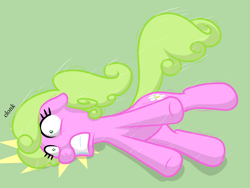 Size: 2000x1500 | Tagged: safe, artist:nitei, daisy, flower wishes, earth pony, pony, g4, atg 2024, fainting goat, lying down, newbie artist training grounds, on side, onomatopoeia, pinpoint eyes, scared, solo, teeth