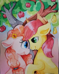Size: 1638x2048 | Tagged: safe, artist:valemjj, bright mac, pear butter, earth pony, pony, g4, apple, apple tree, applejack's parents, duo, duo male and female, female, intertwined trees, male, pear tree, traditional art, tree