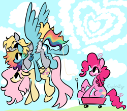 Size: 2048x1786 | Tagged: safe, artist:captainzigo, derpy hooves, fluttershy, pinkie pie, rainbow dash, earth pony, pegasus, pony, g4, carrying, cloud, eye clipping through hair, female, floppy ears, flying, heart shaped, lesbian, mare, no iris, rainbow dash gets all the mares, red wagon, ship:derpydash, ship:flutterdash, ship:pinkiedash, shipping