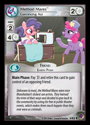 Size: 344x480 | Tagged: safe, enterplay, charity kindheart, raspberry beret, stardom, earth pony, pony, g4, made in manehattan, marks in time, my little pony collectible card game, cane, ccg, duo, duo female, fabric, female, glasses, hat, implied redemption, mare, method mares, sewing machine