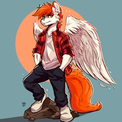 Size: 2048x2048 | Tagged: safe, artist:guarez wolf, oc, oc only, oc:coffee spots, pegasus, anthro, abstract background, anthro oc, flannel, flannel shirt, hand in pocket, looking at you, male, orange mane, solo