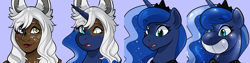 Size: 2400x600 | Tagged: safe, artist:rindeadsong, princess luna, inflatable pony, pony, pooltoy pony, g4, bean mouth, bust, female, final fantasy, forced smile, grin, human to pony, inanimate tf, inflatable, portrait, smiling, transformation, transformation sequence, viera