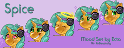 Size: 1600x627 | Tagged: safe, artist:rindeadsong, snails, latex pony, original species, unicorn, g4, abstract background, bust, expressions, facial expressions, halo, headphones, heart, heart eyes, horn, latex, portrait, question mark, rule 63, shiny, solo, spice, wingding eyes