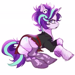 Size: 2048x2048 | Tagged: safe, artist:fleuranonette, starlight glimmer, pony, unicorn, g4, butt, clothes, female, fishnet clothing, fishnet stockings, garter belt, garters, glimmer glutes, goth pony, gothic, horn, lipstick, lying down, mare, miniskirt, plot, simple background, skirt, solo, stockings, sultry pose, thigh highs, torn clothes, trad goth, white background