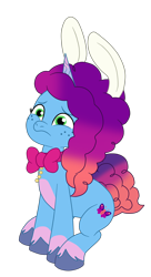 Size: 1900x3496 | Tagged: safe, artist:gmaplay, misty brightdawn, pony, unicorn, buried in a good book, g5, my little pony: tell your tale, spoiler:g5, spoiler:my little pony: tell your tale, spoiler:tyts02e10, bowtie, bunny ears, coat markings, cute, freckles, horn, mistybetes, rebirth misty, simple background, sitting, socks (coat markings), solo, transparent background
