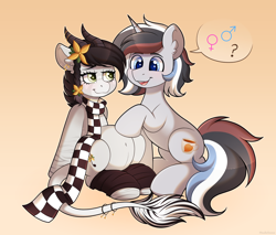 Size: 2900x2474 | Tagged: safe, artist:madelinne, oc, oc only, oc:soothing song, oc:sound error, earth pony, unicorn, clothes, duo, duo male and female, earth pony oc, female, flower, flower in hair, gradient background, horn, jewelry, male, mare, pregnant, stallion, unicorn oc