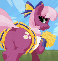 Size: 1696x1764 | Tagged: safe, artist:tunter, cheerilee, earth pony, pony, g4, butt, butt focus, cheerileeder, cheerleader, dock, featureless crotch, female, flowerbutt, grass, grin, lidded eyes, looking at you, looking back, looking back at you, mare, outdoors, plot, pom pom, sky, smiling, smiling at you, solo, tail