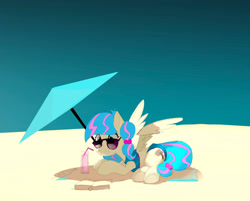 Size: 2284x1840 | Tagged: safe, artist:mandumustbasukanemen, oc, oc only, oc:sugar stamp, pegasus, beach, beach umbrella, book, clothes, drink, female, lying down, mare, relaxing, solo, sun, sunglasses, swimsuit