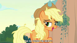 Size: 1280x720 | Tagged: safe, edit, edited screencap, editor:jaredking779, screencap, applejack, earth pony, pony, g4, season 8, sounds of silence, applebutt, butt, caption, cowboy hat, female, hat, looking at you, looking back, looking back at you, mare, messy mane, open mouth, open smile, plot, smiling, solo, stetson, text