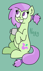 Size: 1965x3221 | Tagged: safe, artist:naggfruit, oc, oc only, oc:lavender charm, earth pony, female, mare, mug, offspring, parent:marble pie, parent:trouble shoes, parents:marbleshoes, signature, simple background, sitting, solo