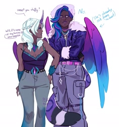 Size: 1803x1906 | Tagged: safe, artist:peachmichea, allura, opaline arcana, human, g5, breasts, cleavage, clothes, coat, crossed arms, dark skin, dialogue, duo, duo female, female, horn, horned humanization, humanized, simple background, white background, winged humanization, wings