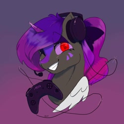 Size: 1280x1280 | Tagged: safe, artist:dyjenthewren, oc, oc only, oc:ella starshade, bow, commission, controller, facial markings, folded wings, gaming, gradient background, hair bow, headset, one eye closed, ponytail, smiling, solo, wings, wink