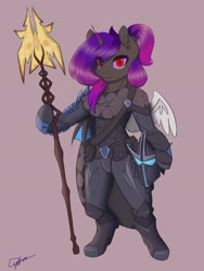 Size: 1536x2048 | Tagged: safe, artist:dyjenthewren, oc, oc:ella starshade, semi-anthro, armor, armored pony, commission, game art, hellpoint, helmet, hybrid oc, ponytail, staff, unamused, wings