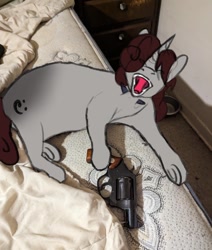 Size: 786x925 | Tagged: safe, artist:reddthebat, oc, oc only, oc:violina (reddthebat), ghost, ghost pony, pony, unicorn, bed, behaving like a cat, female, gun, handgun, horn, irl, mare, neck wound, open mouth, photo, ponies in real life, ponified animal photo, revolver, solo