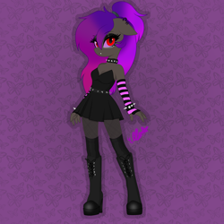 Size: 1536x1536 | Tagged: safe, ai assisted, ai content, oc, oc only, oc:ella starshade, anthro, boots, choker, clothes, dress, edgy, emo, patterned background, ponytail, shoes, solo, unamused