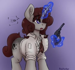 Size: 1857x1732 | Tagged: safe, artist:reddthebat, oc, oc only, oc:violina (reddthebat), earth pony, pony, chest fluff, clothes, eyebrows, eyebrows visible through hair, female, gradient background, gun, hair over one eye, handgun, holster, levitation, magic, mare, open mouth, pictogram, revolver, shirt, solo, telekinesis