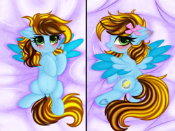 Size: 1032x774 | Tagged: safe, artist:schwinarts, oc, oc only, oc:lucky bolt, pegasus, pony, bed, bedroom, bedroom eyes, belly, belly button, blushing, body pillow, body pillow design, bow, colored wings, dakimakura cover, ear fluff, ears back, feathered wings, featureless crotch, female, female oc, floppy ears, frog (hoof), green coat, green eyes, hair bow, looking at you, mare, mare oc, messy mane, pegasus oc, pony oc, solo, spread wings, sultry pose, tail, two toned wings, underhoof, wings, yellow mane, yellow tail