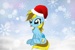 Size: 626x417 | Tagged: safe, artist:krystalheartbases, artist:lucky bolt, oc, oc only, oc:lucky bolt, pegasus, pony, :p, base used, chest fluff, christmas, colored wings, cute, female, hat, holiday, santa hat, sitting, snow, snowfall, solo, tongue out, two toned wings, wings