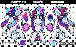 Size: 3593x2227 | Tagged: safe, artist:partypievt, oc, oc only, oc:party pie, classical unicorn, pony, unicorn, bangs, eyebrows, eyebrows visible through hair, facial markings, fringe, horn, leonine tail, ponytail, reference, reference sheet, tail