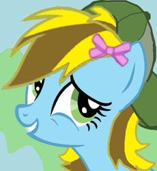 Size: 542x590 | Tagged: safe, artist:fmdama, artist:lucky bolt, oc, oc only, oc:lucky bolt, pegasus, pony, g4, backwards ballcap, base used, baseball cap, bow, bust, cap, female, hair bow, hair over one eye, hat, looking at you, portrait, simple background, smiling, smiling at you, solo