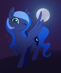 Size: 2094x2532 | Tagged: safe, artist:dusthiel, princess luna, alicorn, pony, g4, cute, ethereal mane, female, full moon, high res, horn, looking at you, lunabetes, mare, missing accessory, moon, night, night sky, novembrush, one eye closed, outdoors, raised hoof, raised leg, shooting star, sky, smiling, smiling at you, solo, spread wings, standing on two hooves, starry mane, stars, tail, tongue out, wings, wink, winking at you