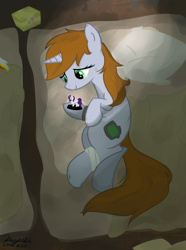 Size: 1024x1376 | Tagged: safe, artist:rayelli, derpibooru exclusive, rarity, oc, oc only, oc:littlepip, pony, unicorn, fallout equestria, g4, bandage, bed, fanfic art, female, figurine, horn, lying down, ministry mares statuette, on side, solo, statuette